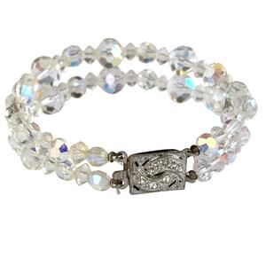 VTG Mid Century AB Crystal Double Strand Bracelet with Filigree Clasp 1950s